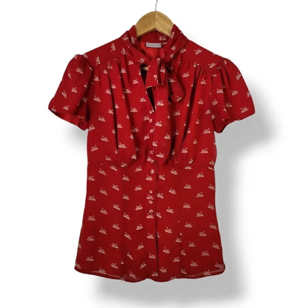 eShakti Swanning Around Tie Neck Button Down Heirloom Blouse in Red Size Small - Picture 2 of 8